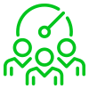 green outline of group of three people with clock behind them.