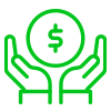 green outline of two hands holding a money symbol