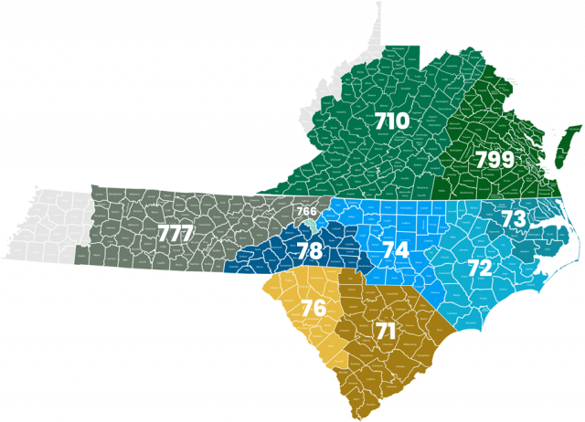 Image of the state of the Southeast outlining the service areas of MacGuire & Crawford