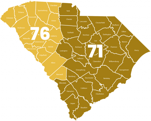 Image of the state of South Carolina outlining the service areas of MacGuire & Crawford